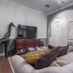 Wire-Brushed Brown Hickory flooring entertainment room