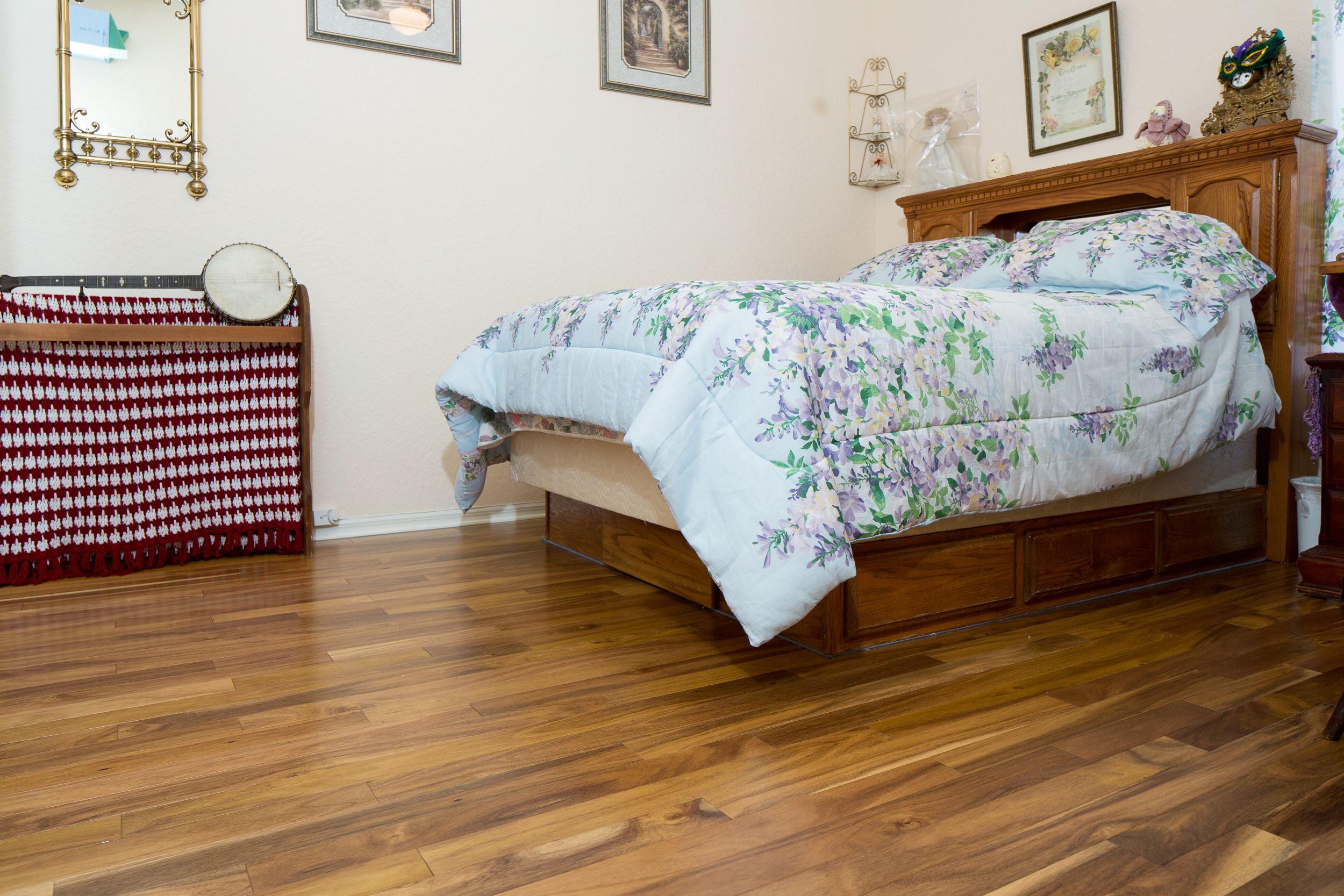 Acacia wood floors in bedroom